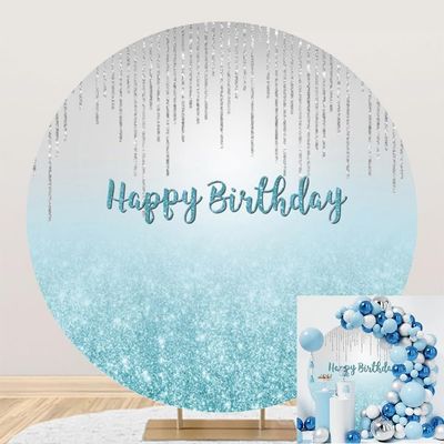 TTQYFNM 7x7ft Happy Birthday Round Backdrop Cover Polyester Blue and Silver Dripping Glitter Circle Photography Background for Girls Women Birthday Party Banner Decor Portrait Photo Shoot Props