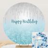 TTQYFNM 7x7ft Happy Birthday Round Backdrop Cover Polyester Blue and Silver Dripping Glitter Circle Photography Background for Girls Women Birthday Party Banner Decor Portrait Photo Shoot Props view 1