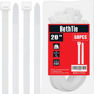 BethTie 20 inch (Width : 12mm) White Long Zip Ties Heavy Duty 50 Pack, 250 LBS Ultra Strong Plastic Wire Ties, Large Cable Ties Extra Long Tie Wraps For Indoor and Outdoor Use