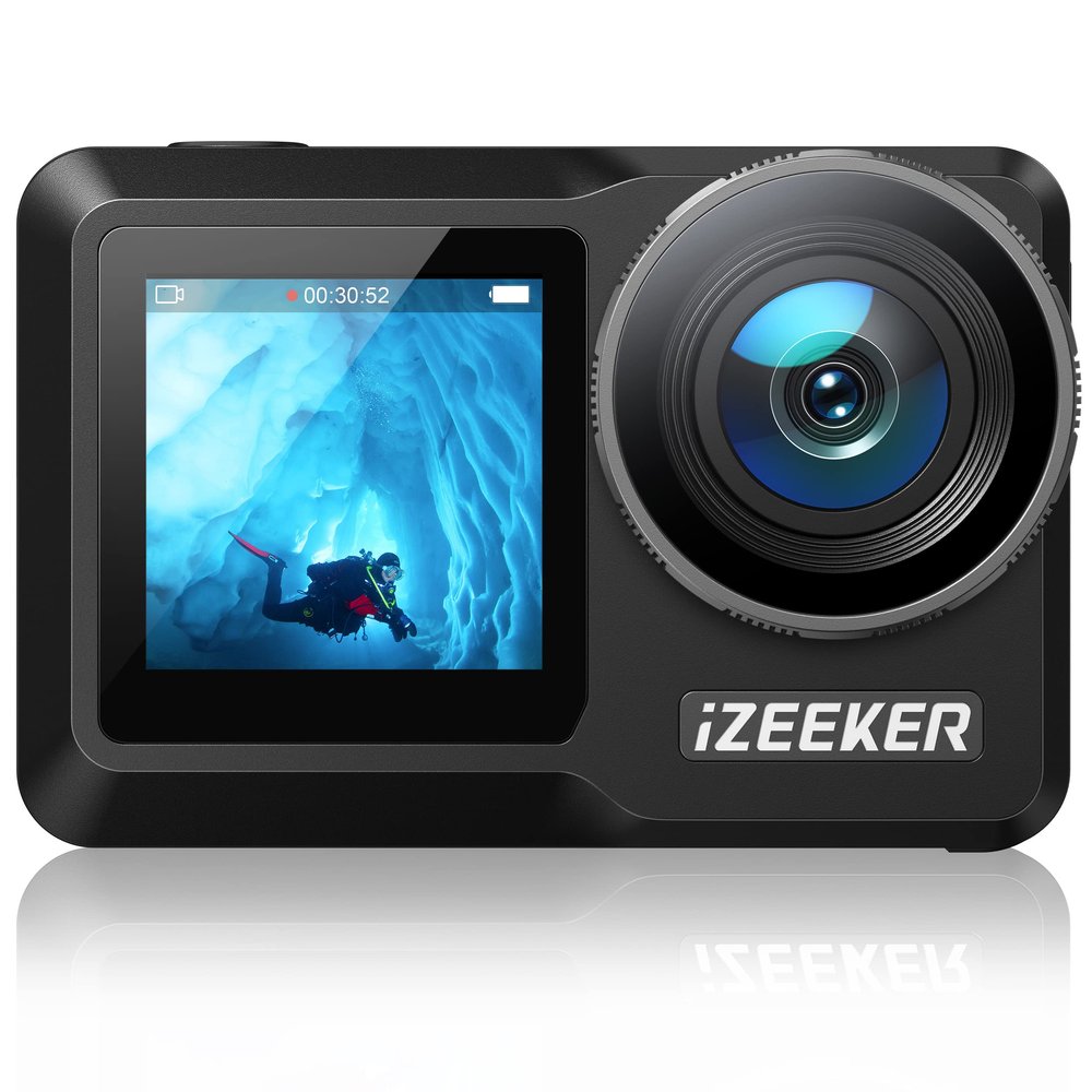 iZEEKER Action Camera 4K 60FPS with Touchscreen, 40M Underwater Camera Waterproof, Dual Screen Vlog Camera with EIS, WiFi, Remote Control with 2X 1350mAh Batteries, Battery Charger and Accessory Kit
