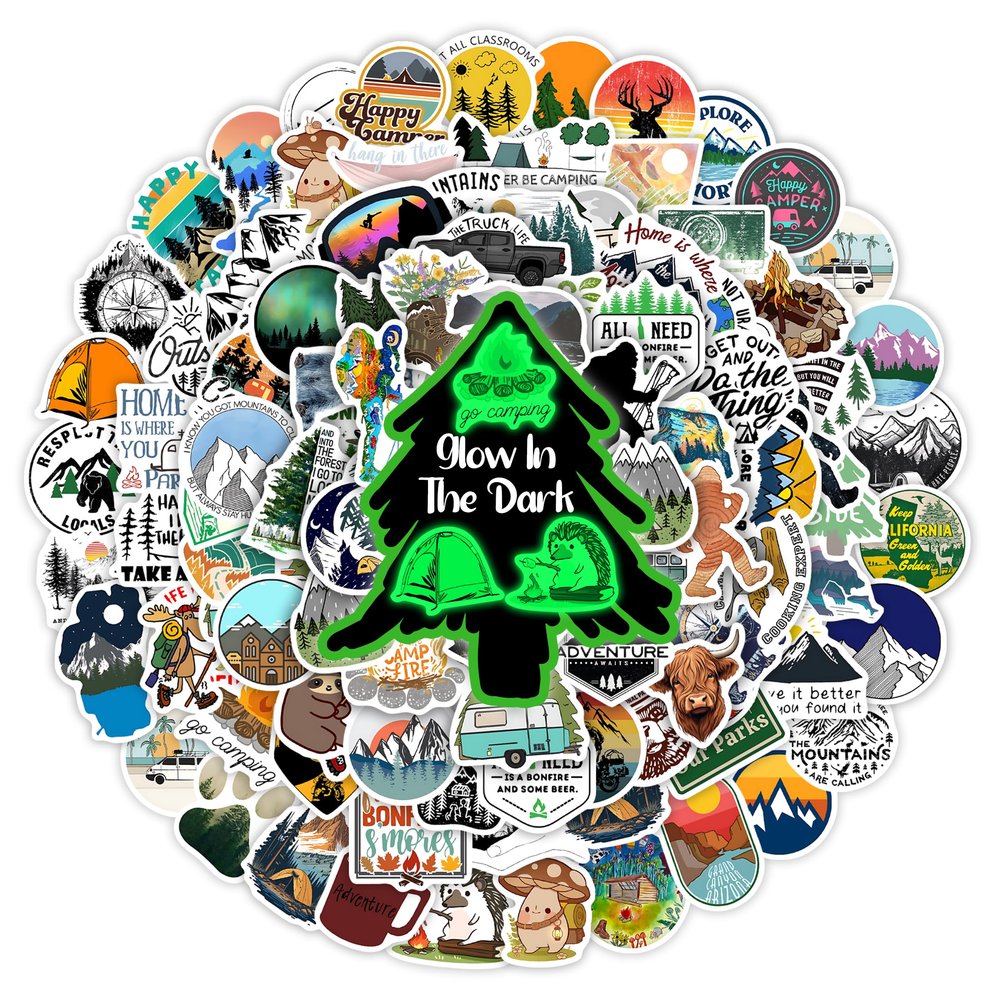 100 Pcs Outdoor Adventure Hiking Camping Stickers for Water Bottle, Waterproof Vinyl Wilderness Nature Travel Wildlife Laptop Decals, Summer Camp Sticker for Teens Adults Kids