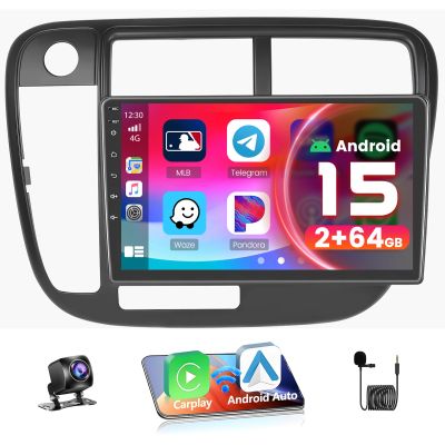 [4Core 64G] Android 15 Car Stereo for Honda Civic 1996 1997 1998 1999 2000 2001, Hikity 9" Touchscreen Civic Radio Wireless Carplay Android Auto Mirror Link GPS 5G WiFi/Bluetooth/FM/EQ SWC Backup Cam