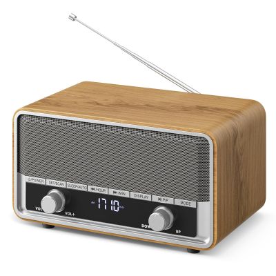 Vintage Wood AM FM Bluetooth Radio with Clock, Digital Clock Radio for Bedroom with LCD Display | 40 Presets | Sleep Timer | No Alarm, Retro Bluetooth Speaker for Office, Kitchen (Light Walnut)
