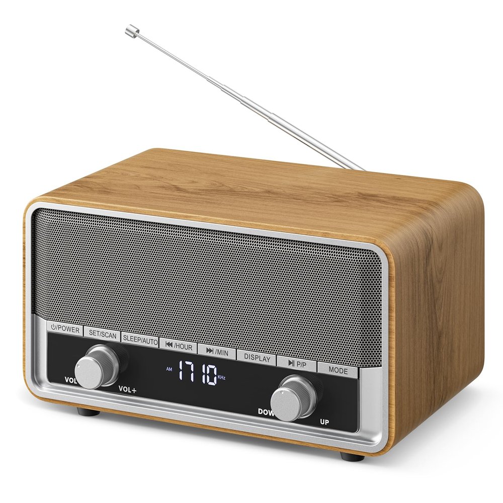Vintage Wood AM FM Bluetooth Radio with Clock, Digital Clock Radio for Bedroom with LCD Display | 40 Presets | Sleep Timer | No Alarm, Retro Bluetooth Speaker for Office, Kitchen (Light Walnut)