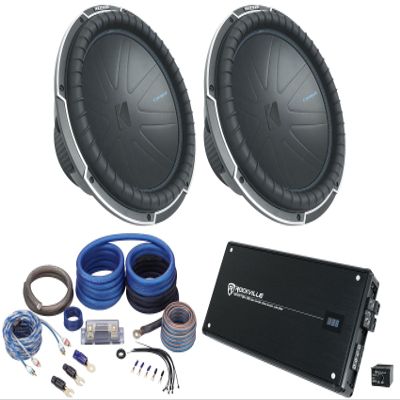 Audiosavings Bundle: (2) Kicker 51CWQ154 15" Car Audio Subwoofer Bundle with Rockville Krypton M5 Mono 1 Ohm Car Amplifier, Rockville RWK0CU 100% Copper Amp Installation Wire Kit (4 Items)