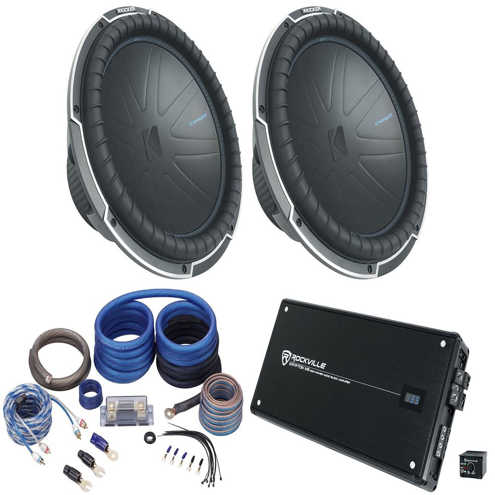 Audiosavings Bundle: (2) Kicker 51CWQ154 15" Car Audio Subwoofer Bundle with Rockville Krypton M5 Mono 1 Ohm Car Amplifier, Rockville RWK0CU 100% Copper Amp Installation Wire Kit (4 Items)