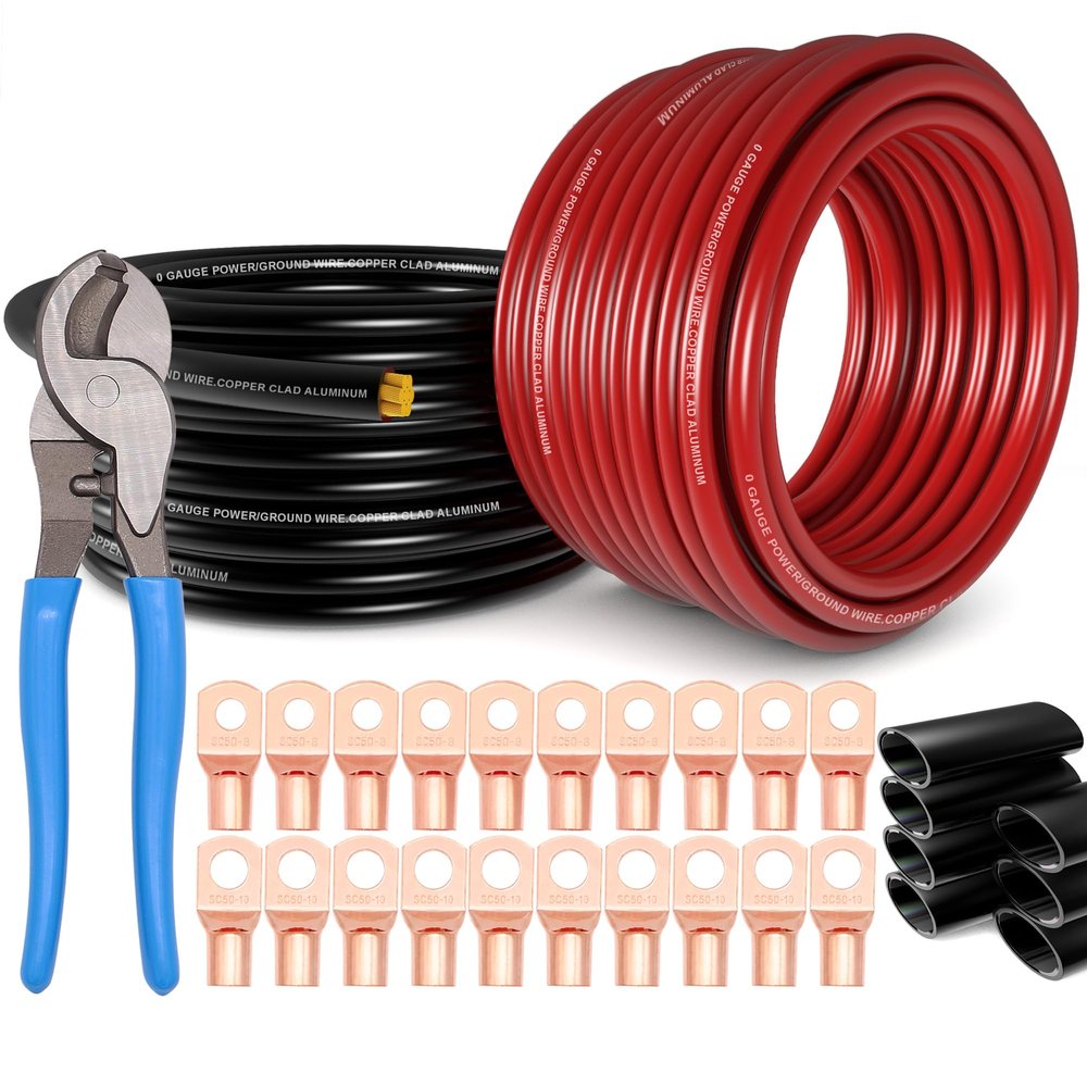 1/0 Gauge Wire(20ft Each - Red/Black) Copper Clad Aluminum CCA - Primary Automotive Wire,Car Amplifier Power & Ground Cable with 10-in Cable Cutter for Car Stereo,Solar, Auto, RV Trailer & Marine