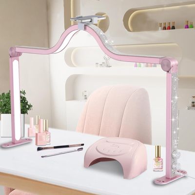 Half Moon Light for Nail Desk, 34.5In Foldable Square Nail Tech Lamp with Phone Holder, 3000-6000K Dimmable Half Moon Manicure Light for Lash Eyelash Extension, Tattoo, Eyebrows, Crafts (Rose Gold, A)