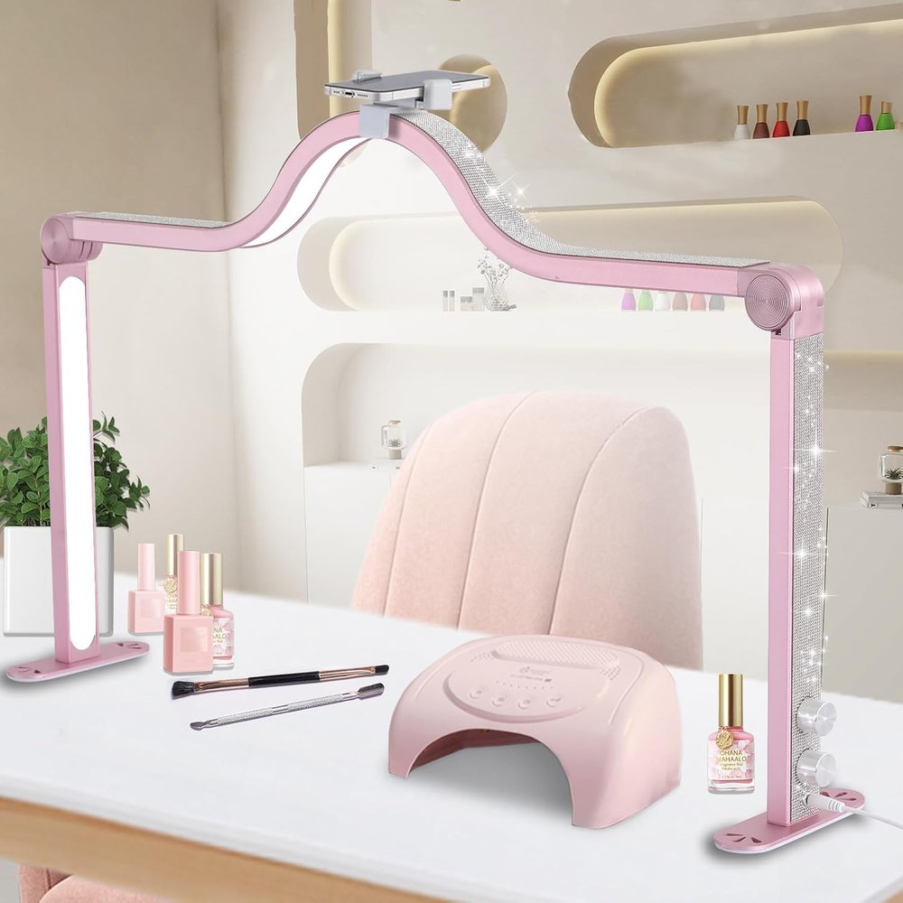 Half Moon Light for Nail Desk, 34.5In Foldable Square Nail Tech Lamp with Phone Holder, 3000-6000K Dimmable Half Moon Manicure Light for Lash Eyelash Extension, Tattoo, Eyebrows, Crafts (Rose Gold, A)