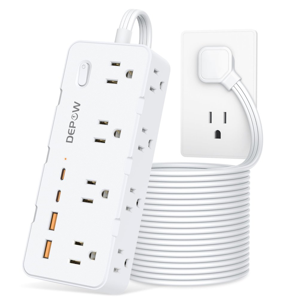 DEPOW Power Strips with Surge Protection, 10 FT Braided Extension Cord with Multiple Outlets-8 AC Outlets 4 USB Ports (2 USB C), 1700 Joule Surge Protector with Flag Plug for Home Office, White