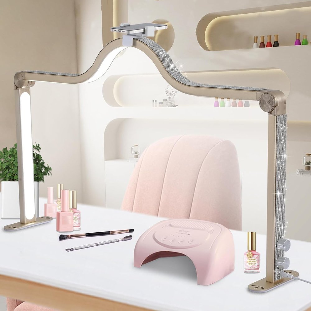 Half Moon Light for Nail Desk, 34.5In Foldable Square Nail Tech Lamp with Phone Holder, 3000-6000K Dimmable Half Moon Manicure Light for Lash Eyelash Extension, Tattoo, Eyebrows, Crafts (Gold, A)