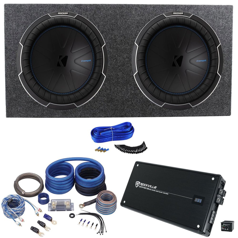 Audiosavings Bundle: (2) Kicker 51CWQ154 15" Car Audio Subwoofer Bundle with Rockville Car Amplifier, Amp Installation Wire Kit, Car Sub Enclosure Box, K2 Sub Box Enclosure Installation Kit (6 Items)