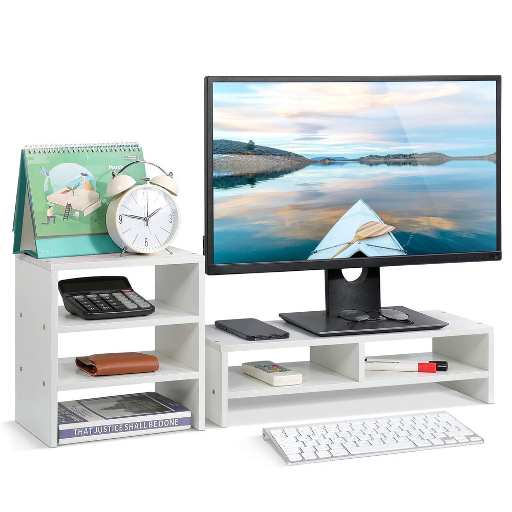 PZLVAME Computer Monitor Riser, Desktop Laptop Computer Monitor Storage Organiser Screen Riser with 3 Layer Shelf for Home Office, 50 20 13.2 cm (White)