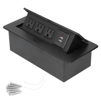 Power Socket Slow Opening Modern Recessed Power Strip Desk Outlet with USB Charging Ports Black Aluminum Alloy for Home Office