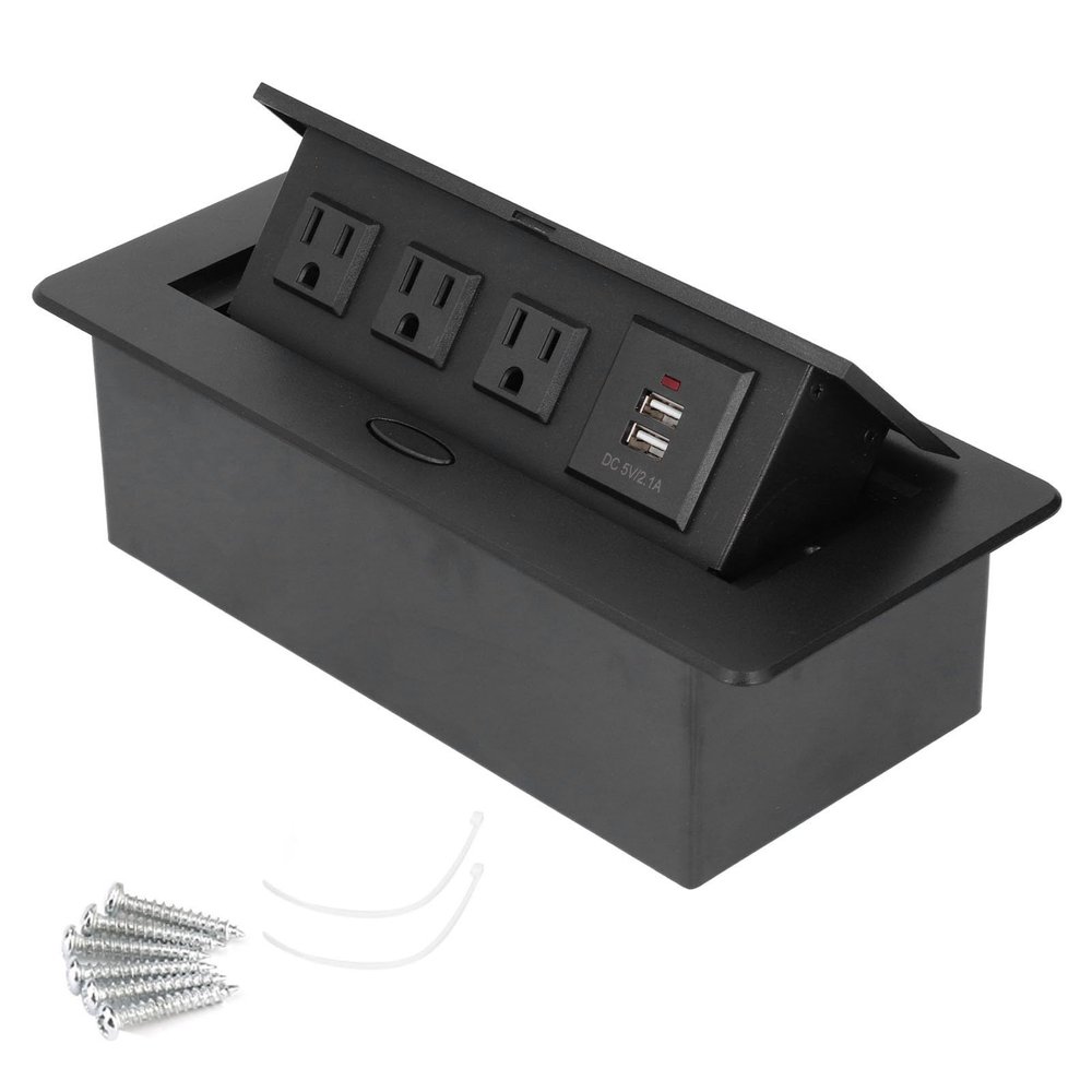 Power Socket Slow Opening Modern Recessed Power Strip Desk Outlet with USB Charging Ports Black Aluminum Alloy for Home Office