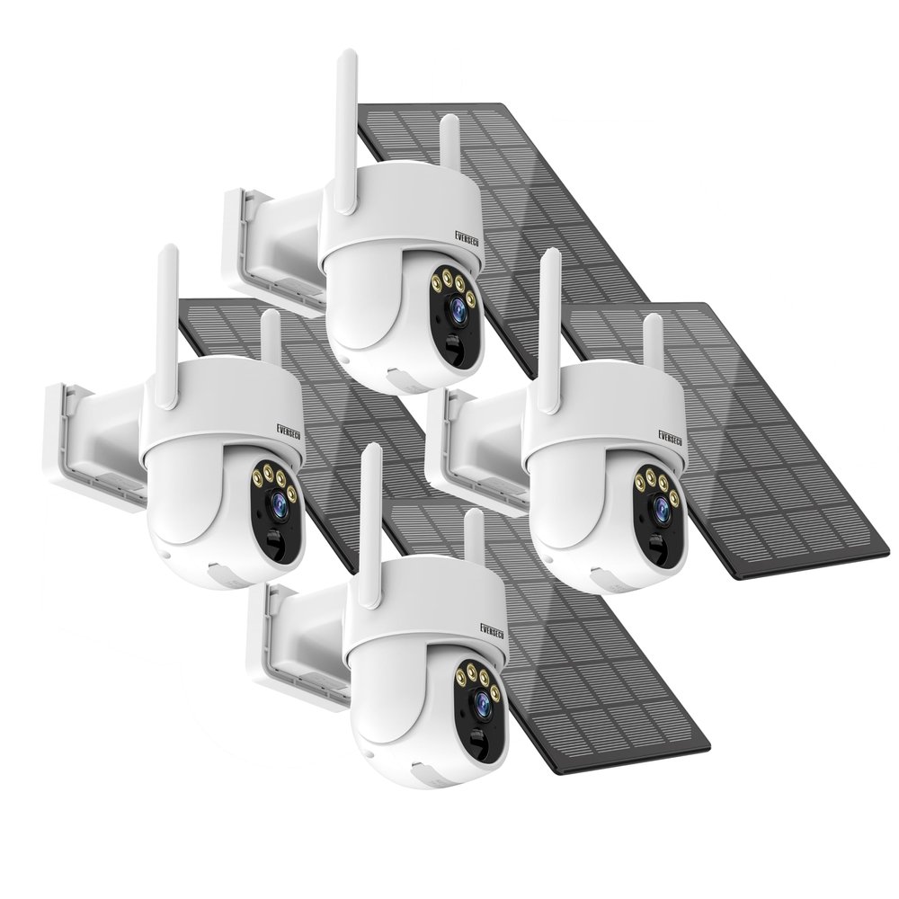 EVERSECU 2K Outdoor-Solar Security Camera Wireless with PTZ 360 View, Smart Siren, Spotlights, Color Night Vision, AI Human Detection, 2-Way Talk, Compatible with Alexa, Cloud/SD Card Storage(4pack)