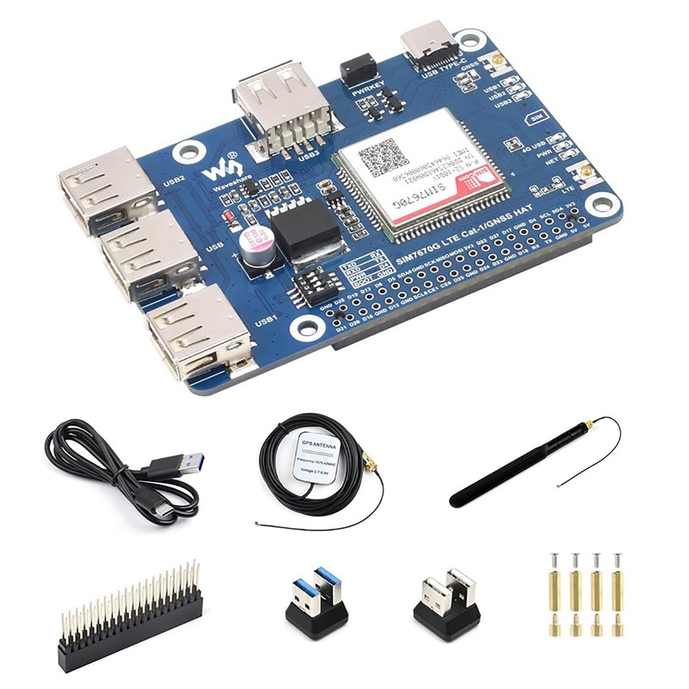 Cat-1/GNSS HAT for Raspberry Pi 5/4B/3B/Zero/Zero W/Zero 2W/Pico/Pico W/Pico WH Based On SIM7670G Module Global Multi-Band LTE 4G Cat-1 GNSS SIM Card Slot 3X USB 2.0 Extended Ports