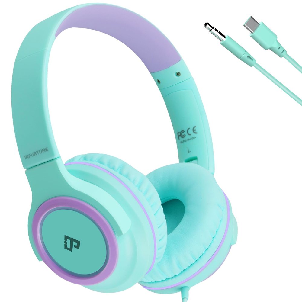 INFURTURE Kids Headphones 3.5mm Jack Wired Headphones, Over Ear Headphones Kids for School, Foldable Headphones Built-in Mic & Volume Limit 94dB for Classroom/Girls/Boys/Travel/Tablets(Green)