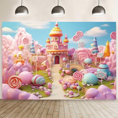 10x6.5ft Pink Candyland Backdrop Cartoon Fantasy Candy Castle Background Decorations Sweet Colorful Lollipop Cream Photography Banner Girls Kids Birthday Party Photo Booth Props