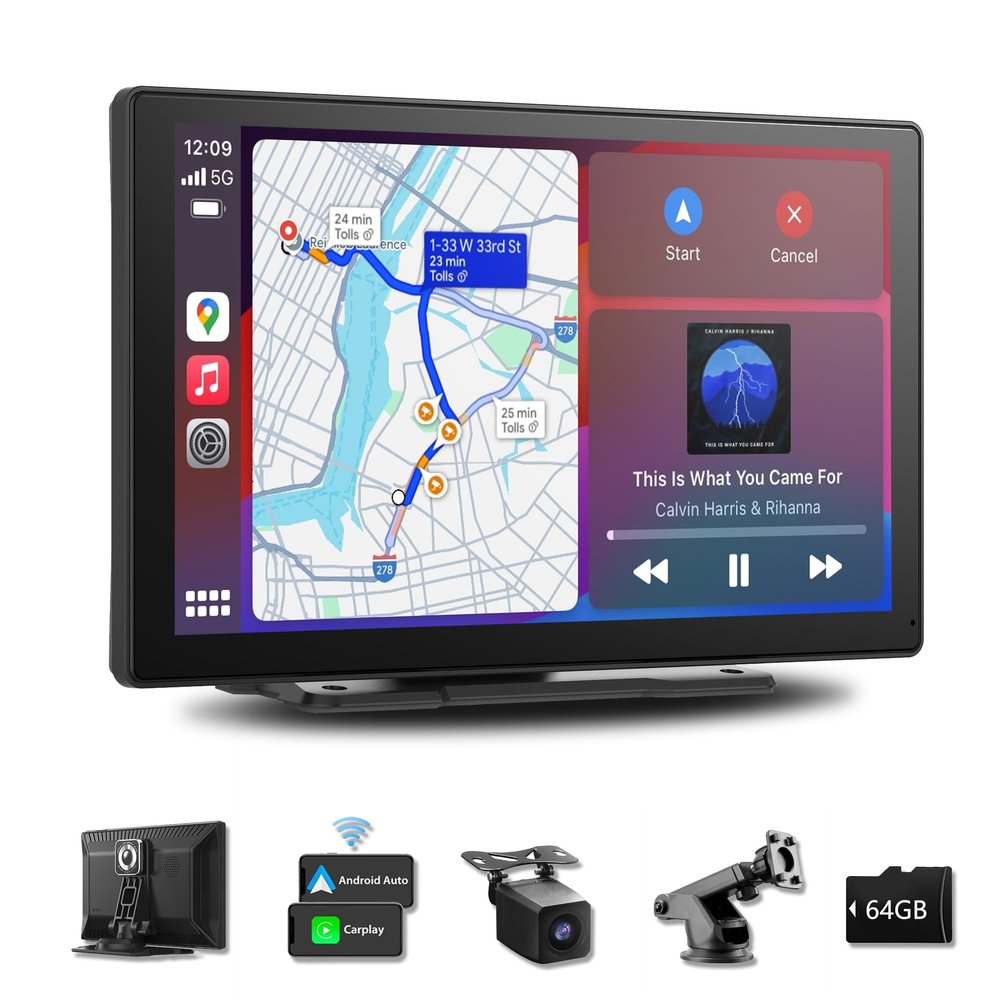 9-Inch Wireless Apple CarPlay & Android Auto, Portable Carplay Radio, 4K Dash Cam 1080P Backup Camera, Touchscreen with GPS Navigation, Bluetooth, Voice Control, Carplay Screen for All Cars