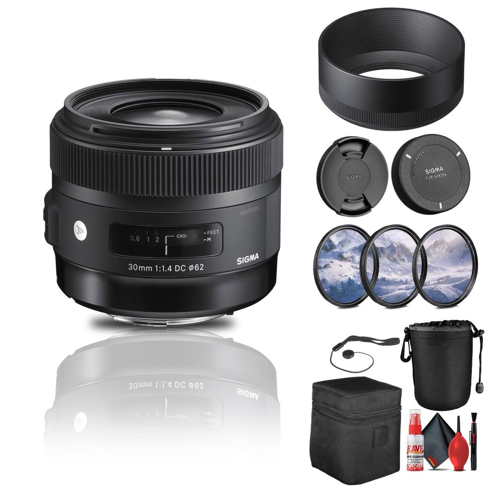 Sigma 30mm f/1.4 DC HSM Art Lens for Nikon F (301-306) with Filter Kit, Lens Pouch, Cleaning Kit, Lens Hood, Lens Case, Front and Rear Caps, Cap Keeper