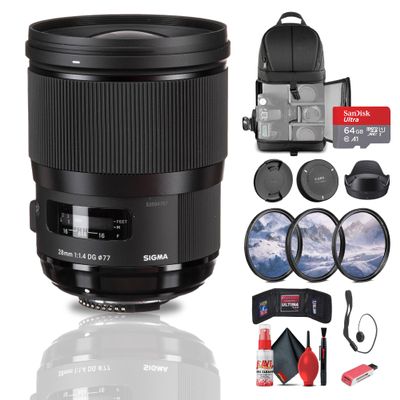 Sigma 28mm f/1.4 DG HSM Art Lens for Nikon F (441955) Bundle: 64 GB Memory Card, Card Reader, Backpack, Lens Hood, Front and Rear Lens Caps, 3-Piece Filter Kit, Full Cleaning Kit, Cap Keeper, and More