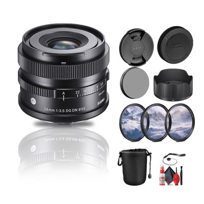 Sigma 24mm f/3.5 DG DN Contemporary Lens for Sony E (404965) Bundle: 3-Piece Filter Kit, Lens Pouch, Full Cleaning Kit, Lens Cap Keeper, Lens Hood, Magnetic Metal Cap, Front and Rear Caps