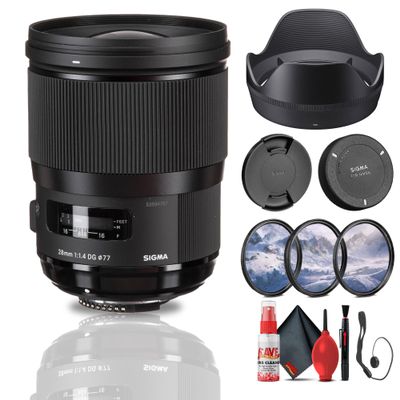 Sigma 28mm f/1.4 DG HSM Art Lens for Nikon F (441955) Bundle: Lens Hood, Front and Rear Lens Caps, 3-Piece Filter Kit, Full Cleaning Kit, Lens Cap Keeper