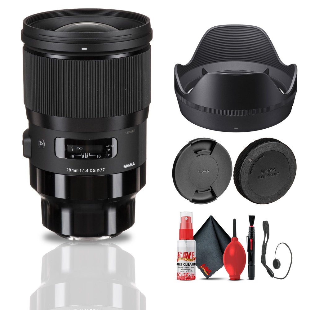 Sigma 28mm f/1.4 DG HSM Art Lens for Sony E (441965) Bundle: Lens Case, Lens Pouch, Front and Rear Lens Caps, 3-Piece Filter Kit, Full Cleaning Kit, Lens Cap Keeper