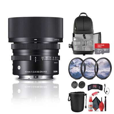 Sigma 45mm f/2.8 DG DN Contemporary Lens for Sony E (360965) Bundle: 64 GB Memory Card, Card Reader, Backpack, Lens Hood, 3-Piece Filter Kit, Lens Pouch, Full Cleaning Kit, Lens Caps, and More