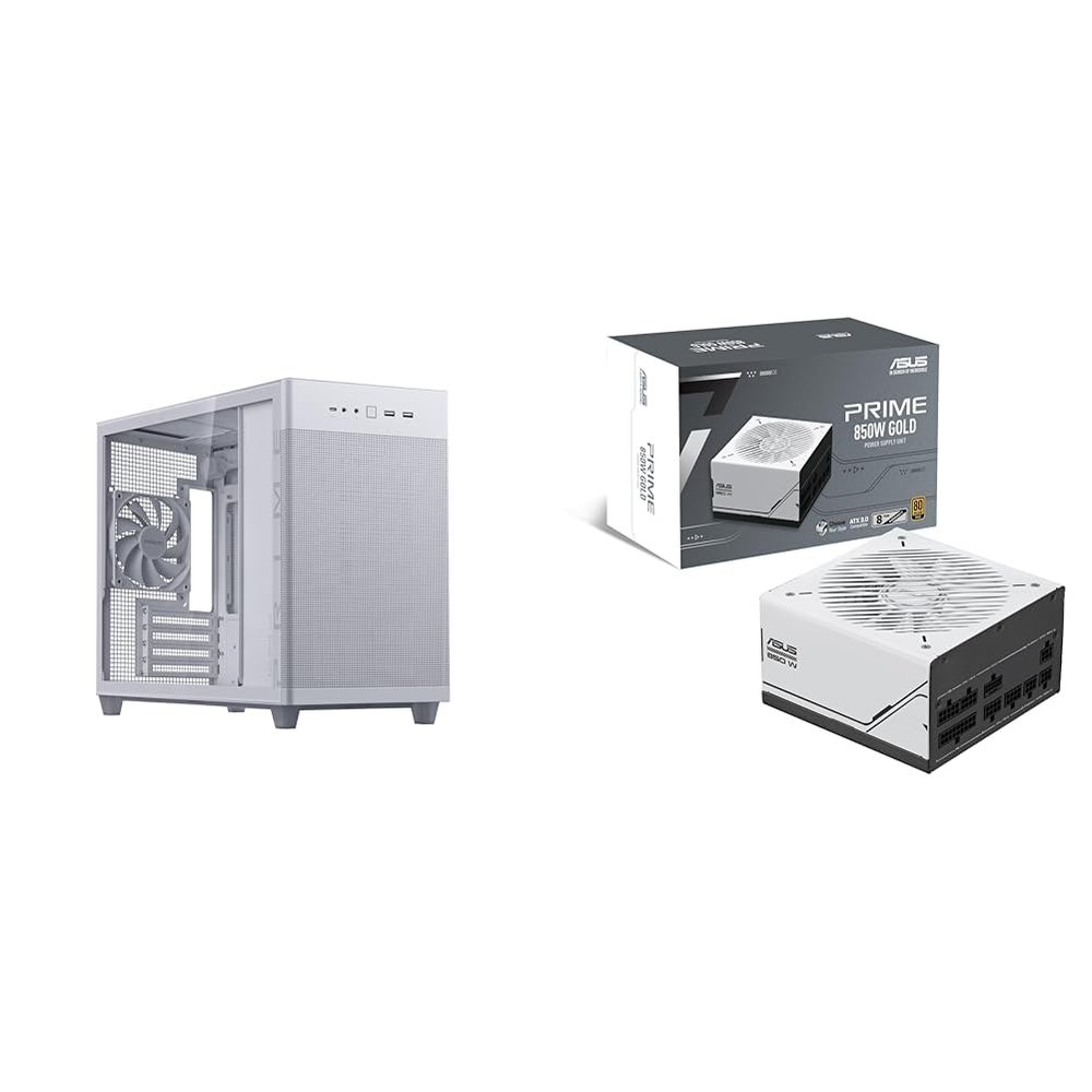 ASUS Prime AP201 White MicroATX Tempered Glass Edition SFF Ready + ASUS Prime 850W 80+ Gold,ATX 3.0, Fully Modular, 2 in 1 Color Options, 8-Year Warranty