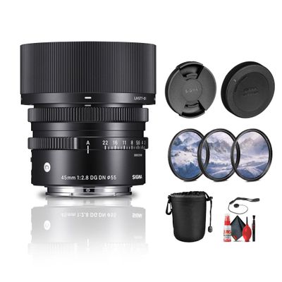 Sigma 45mm f/2.8 DG DN Contemporary Lens for Sony E(360965) Bundle: Lens Hood, 3-Piece Filter Kit, Lens Pouch, Full Cleaning Kit, Lens Cap Keeper, Front & Rear Caps
