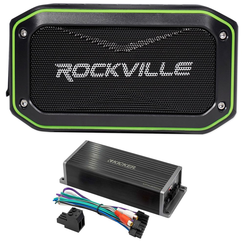 Audiosavings Bundle: Kicker 300w 4-Channel Motorcycle Amplifier ATV/UTV KPX3004 Bundle with Rockville Rock Anywhere Waterproof Portable Bluetooth Speaker+TWS Stereo Linking (2 Items)