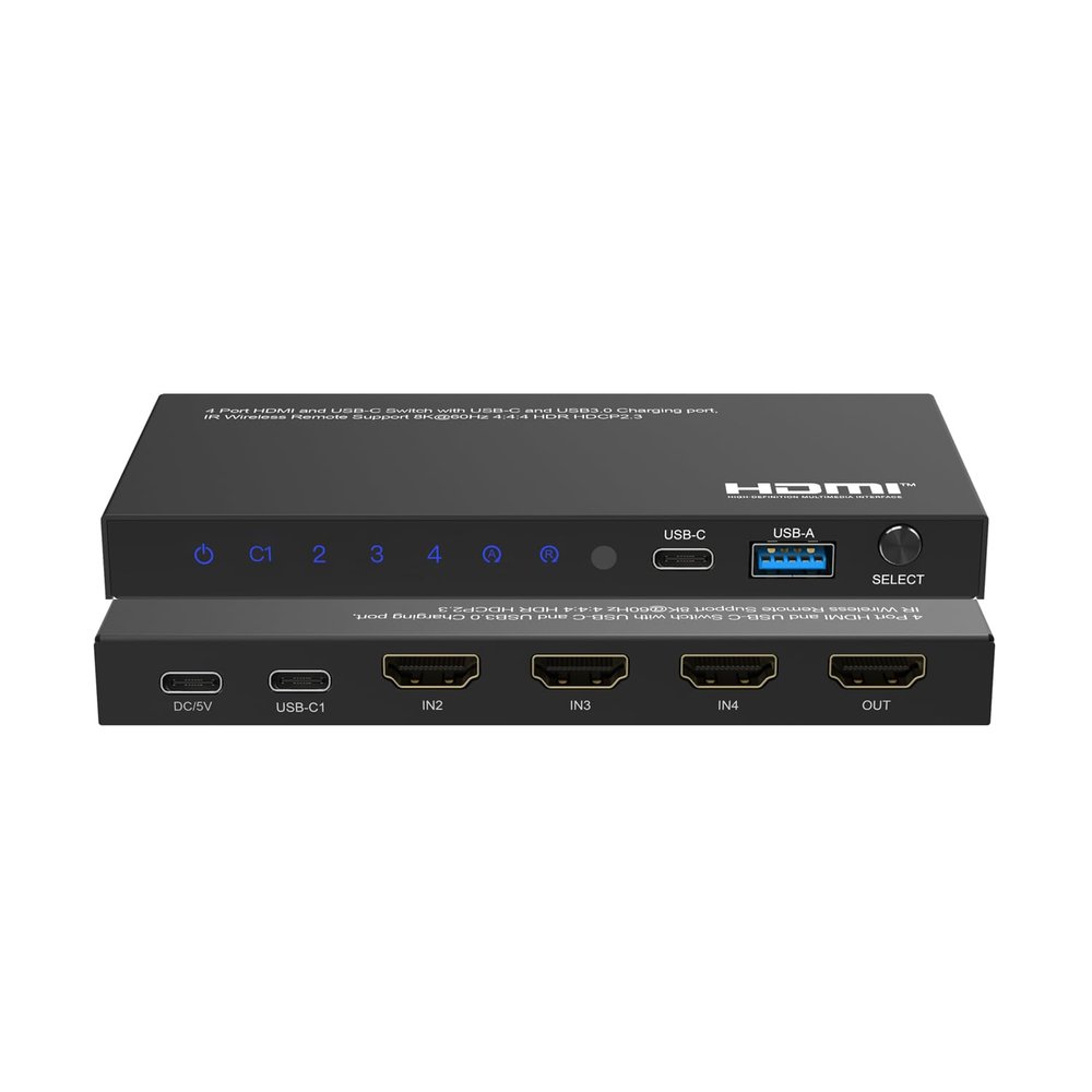 DVDO 8K 4x1 Switcher with 1 USB-C + 3 HDMI Inputs | USB-C input compatible with Thunderbolt 3 and DP 1.4 alt mode | 1 USB-C + 1 USB-A charging ports up to 5W | Automatic & manual switching | HDR | CEC