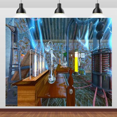 BELECO 6x4ft Fabric Vintage Science Laboratory Backdrop Scientist Test Tube Glass Bottles Electric Waves Science Chemistry Lab Research Background Lab Party Decorations Mad Science Photo Props