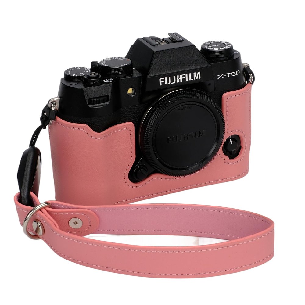 Bowan X-T50 Camera Case, Handmade Genuine Real Leather Half Camera Case Bag Cover for Fujifilm X-T50 Camera Bottom Opening Version + Hand Strap (Pink)