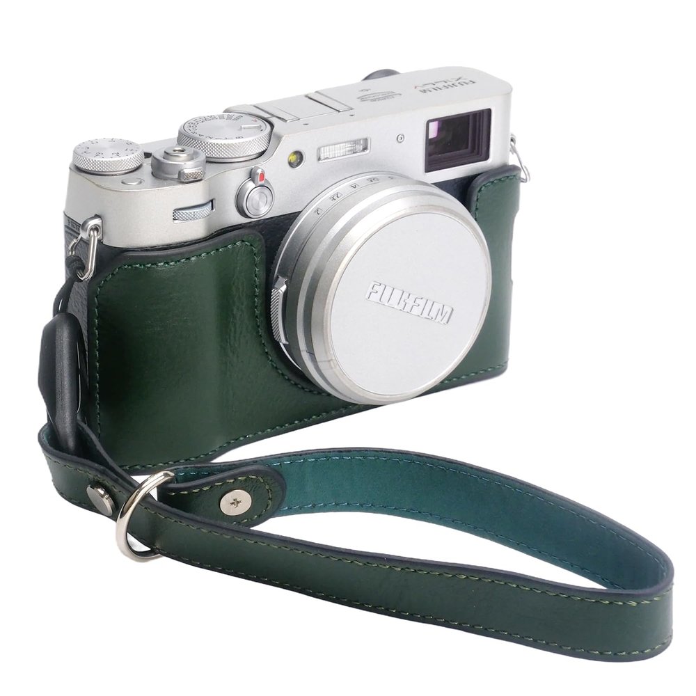 Bowan X100V Camera Case, Handmade Genuine Real Leather Half Camera Case Bag Cover for Fujifilm X100V Camera Bottom Opening Version + Hand Strap (Green)