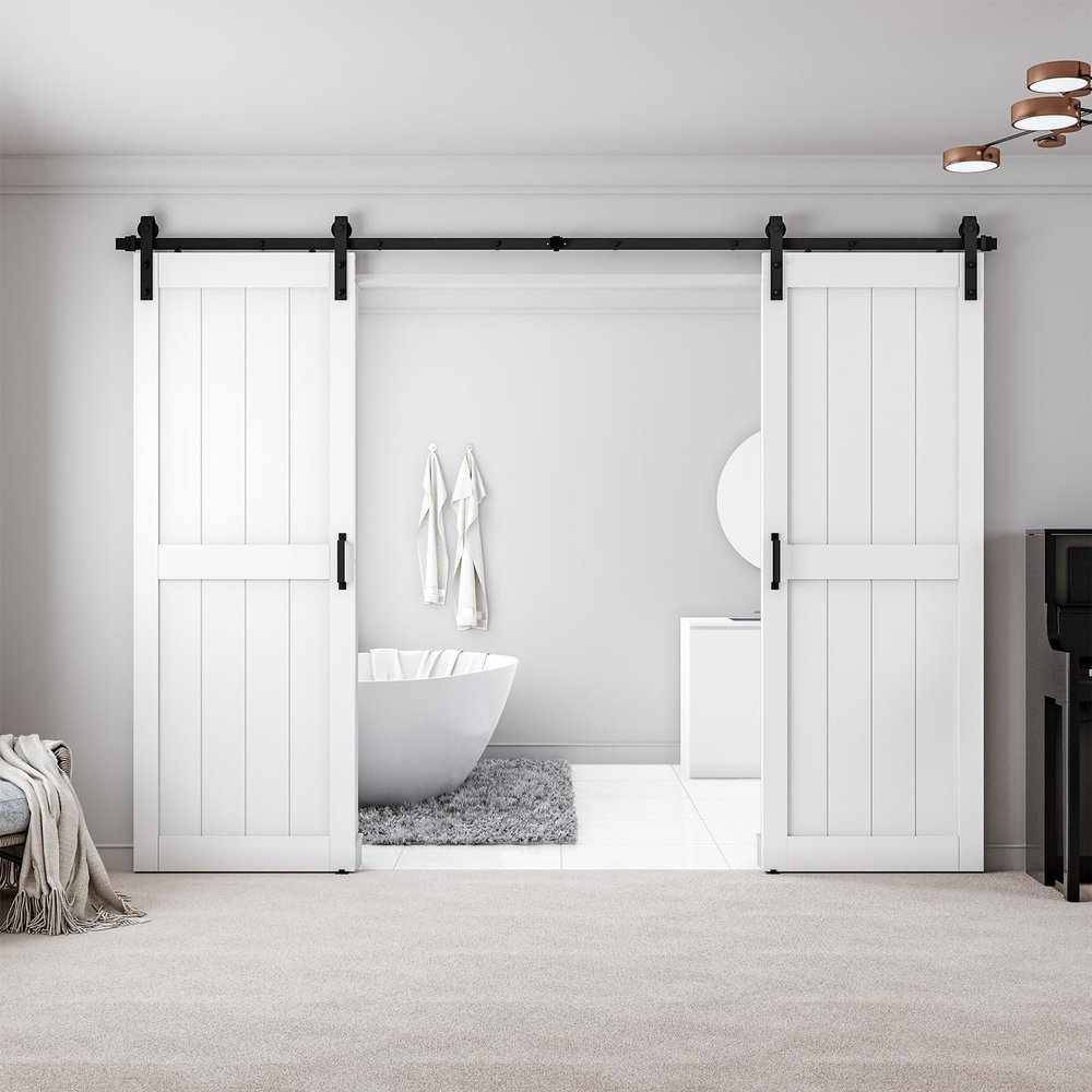 64" x 84" (Double 32" x 84" Doors) H Frame White Barn Door Easy Assembly