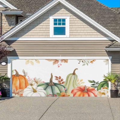 Sage Green Pumpkin Garage Door Banner Cover Decorations,Thanksgiving White Orange Flower Leaf Large Outdoor Hanging Garage Door Covers Christmas Thanksgiving Halloween Holiday Wall Backdrop,6.8x16ft