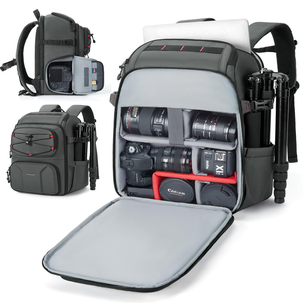 BAGSMART Camera Bag for Photographers, Professional Camera Bag Fits up to 15.6" Laptop, DSLR/Drones/Tripod Camera Case with Rain Cover, Grey