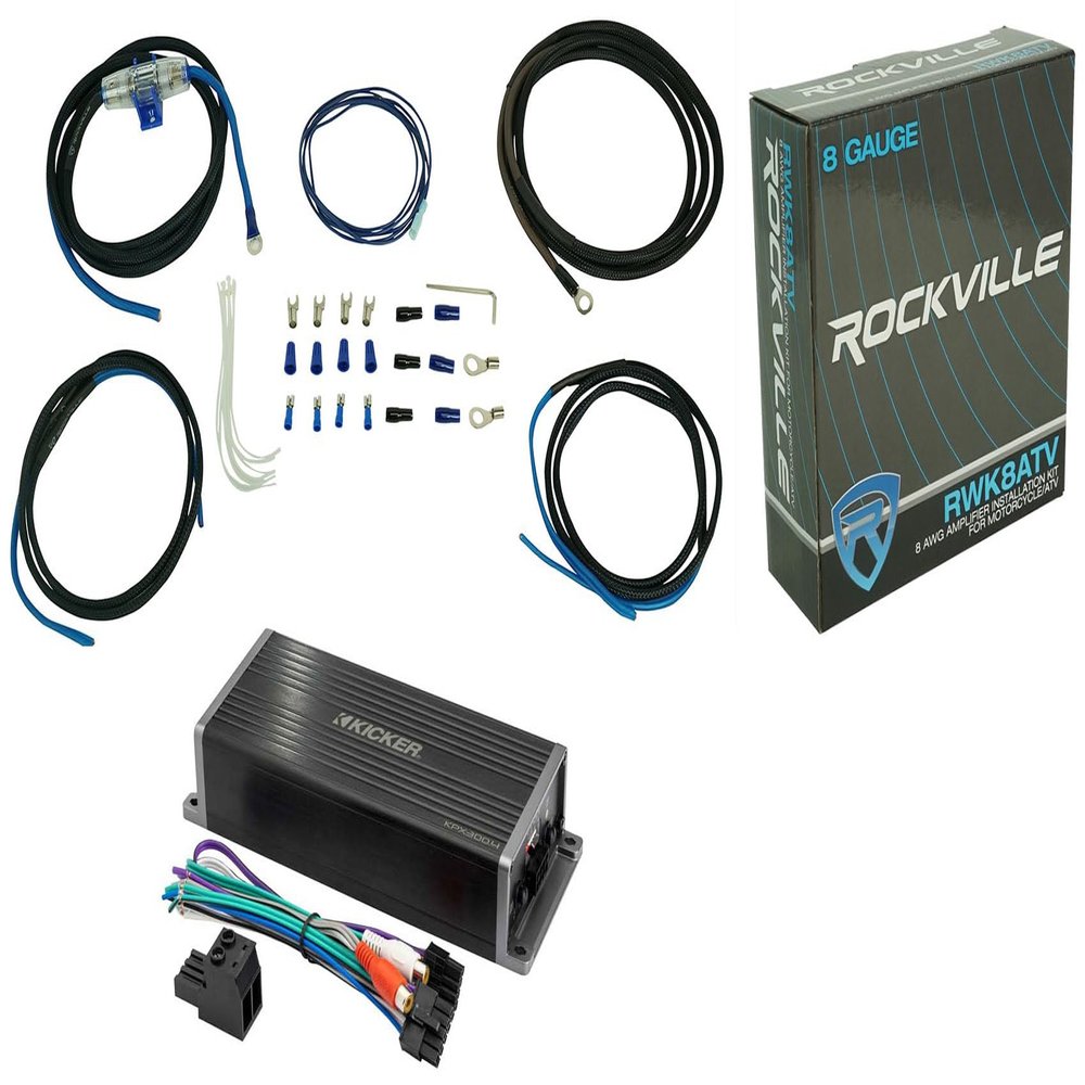 Audiosavings Bundle: Kicker 4-Channel Motorcycle Amplifier ATV/UTV KPX3004 Bundle with Rockville RWK8ATV OFC Copper 8 AWG Gauge Amp Installation Wire Kit 4 RZR/ATV/UTV (2 Items)