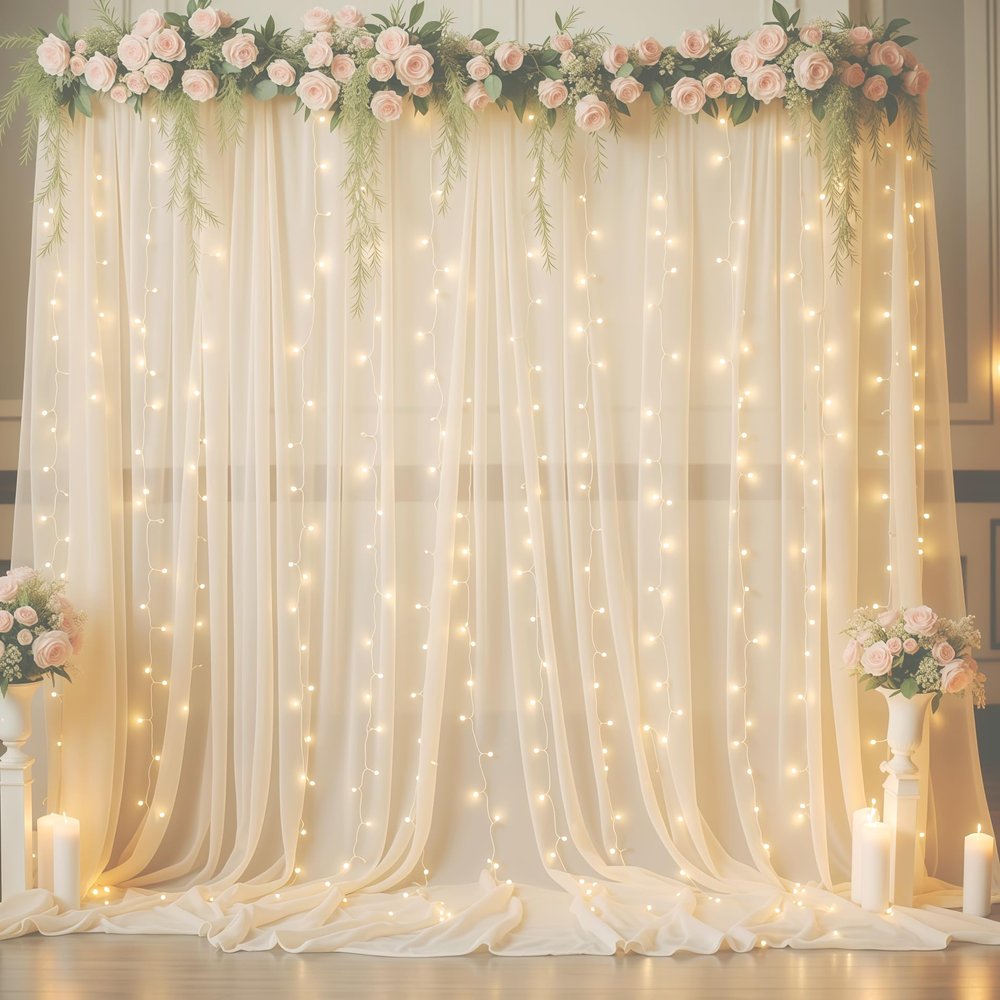 10ft x 10ft Champagne Chiffon Backdrop Curtain with Lights String for Parties,2 Panels Sheer Chiffon Curtain Wedding Backdrop with Lights for Baby Shower Birthday Ceremony Reception Home Decorations
