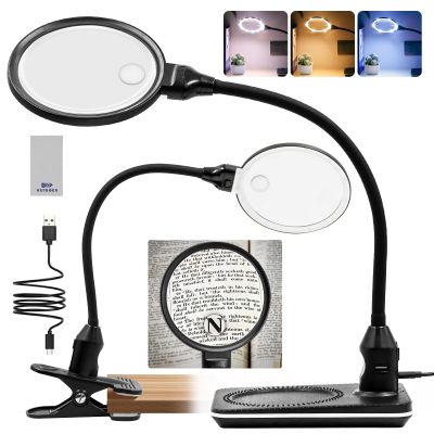 10X 15X Magnifier with Light and Stand, 2-in-1 Large Magnifier Lamp with Clamp, 3 Color Stepless Dimming, 360 Flexible Gooseneck Hands-Free Magnifying Light for Close-Up Work, Crafts, Hobbies