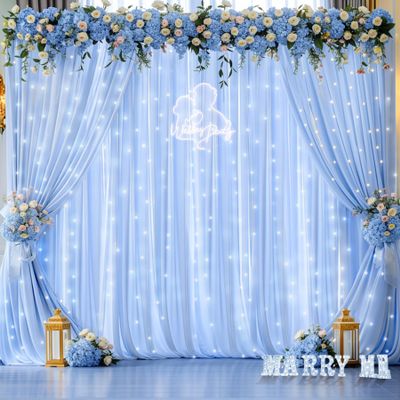 10ft x 10ft Baby Blue Chiffon Backdrop Curtain with Lights String for Parties,2 Panels Sheer Tulle Curtain Wedding Photo Backdrop with Lights for Baby Shower Birthday Party Ceremony Home Decorations