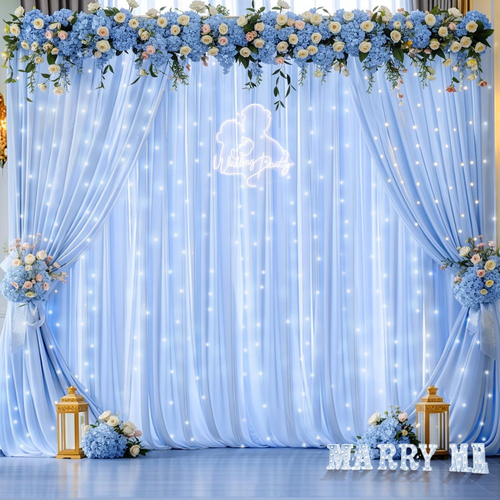 10ft x 10ft Baby Blue Chiffon Backdrop Curtain with Lights String for Parties,2 Panels Sheer Tulle Curtain Wedding Photo Backdrop with Lights for Baby Shower Birthday Party Ceremony Home Decorations