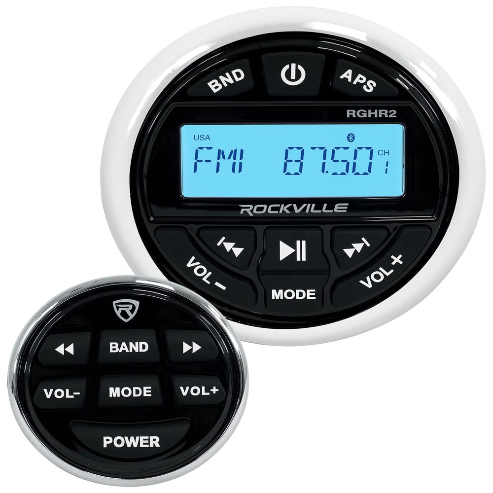 Audiosavings Bundle: (2) Kicker Marine Boat Speakers with RGB LED Bundle with Rockville Marine Gauge Hole Receiver, 2-Channel Marine/Boat Amplifier, Marine Amplifier Install Wire Kit (5 Items)