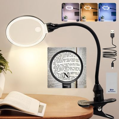 15X Magnifying Glass with Light and Stand, 3 Color Modes Dimmable Table Lighted Magnifier with Clamp, Flexible Gooseneck Desk Lamp Hands Free for Close Works, Crafts, Hobby