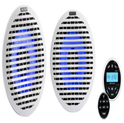 Audiosavings Bundle: (2) Kicker Thin Mount 60w Marine Boat Speakers w/RGB LED KM614FL Bundle with Rockville RGHR2 Marine Gauge Hole Receiver w Bluetooth USB, Radio + Wired Remote (3 Items)