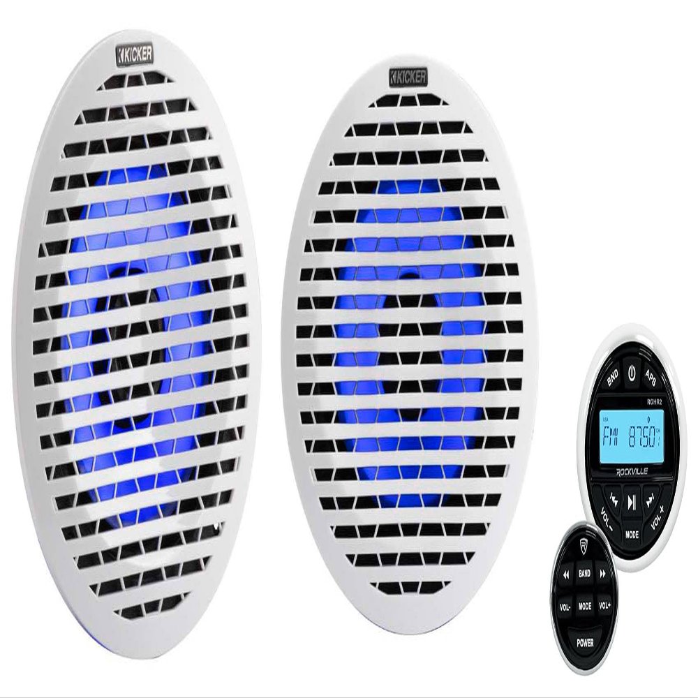 Audiosavings Bundle: (2) Kicker Thin Mount 60w Marine Boat Speakers w/RGB LED KM614FL Bundle with Rockville RGHR2 Marine Gauge Hole Receiver w Bluetooth USB, Radio + Wired Remote (3 Items)