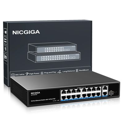 16 Port PoE Switch Unmanaged, 16 Port PoE+@250W, 2 Gigabit Uplink Ports, 1 SFP Port, NICGIGA 19 Port Network Power Over Ethernet Switch, VLAN Mode, AI Watchdog 19 inch RackMount, Plug and Play.